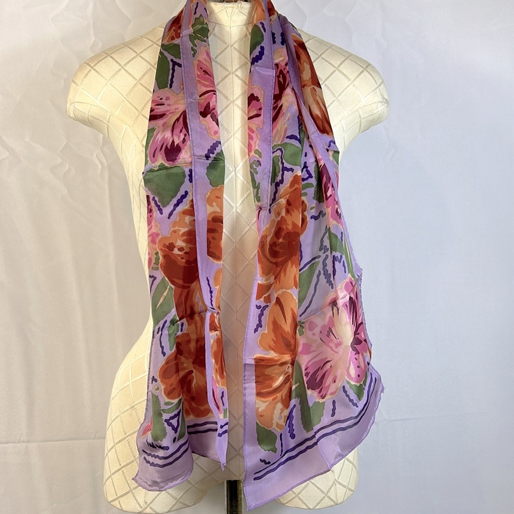 Honey Vintage Silk Scarf Purple Floral Like New Size 52x10 View 3
